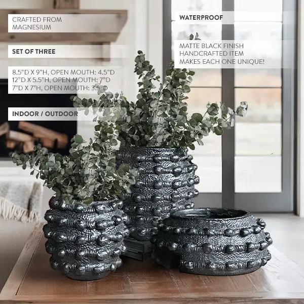 Handcrafted Textured Outdoor Matte Black Planters, Set of 3 by Decor Steals