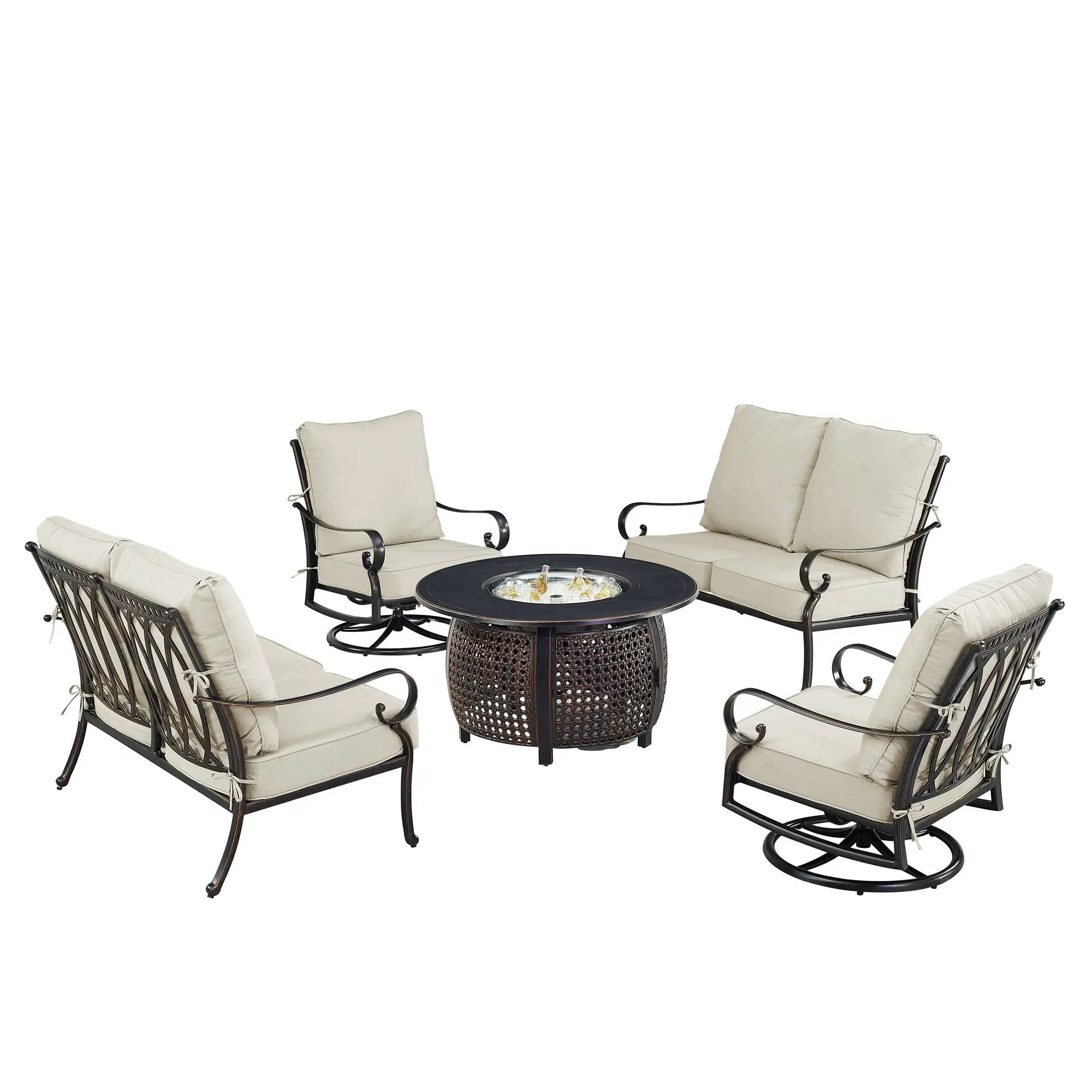 Black Aluminum Fire Table Set with Two Loveseats and Two Club Chairs by Sharicks