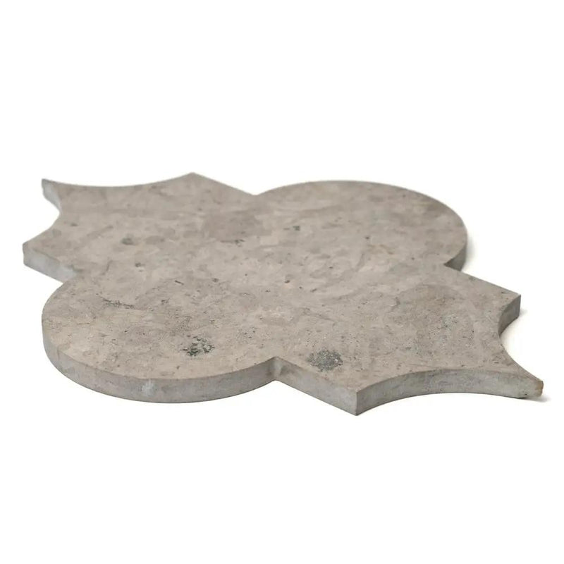 Thala Gray Honed Arabesque Limestone Waterjet Decos 8x11 closeup 2
