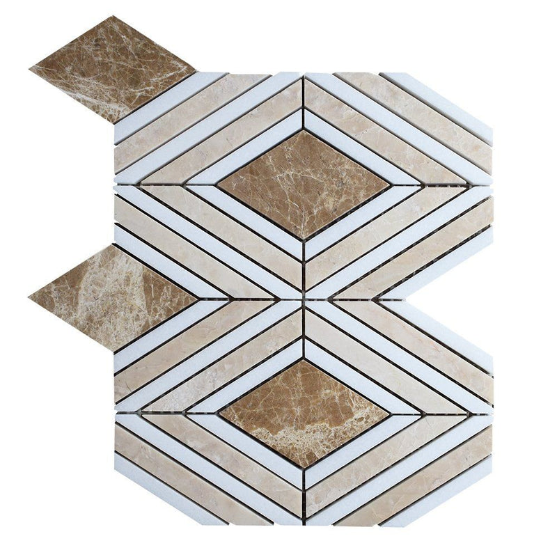 Thassos, Emperador Light, Royale Polished Stella Marble Mosaics 9 25/64x7 3/4 Marble Polished 6x12 Mosaics