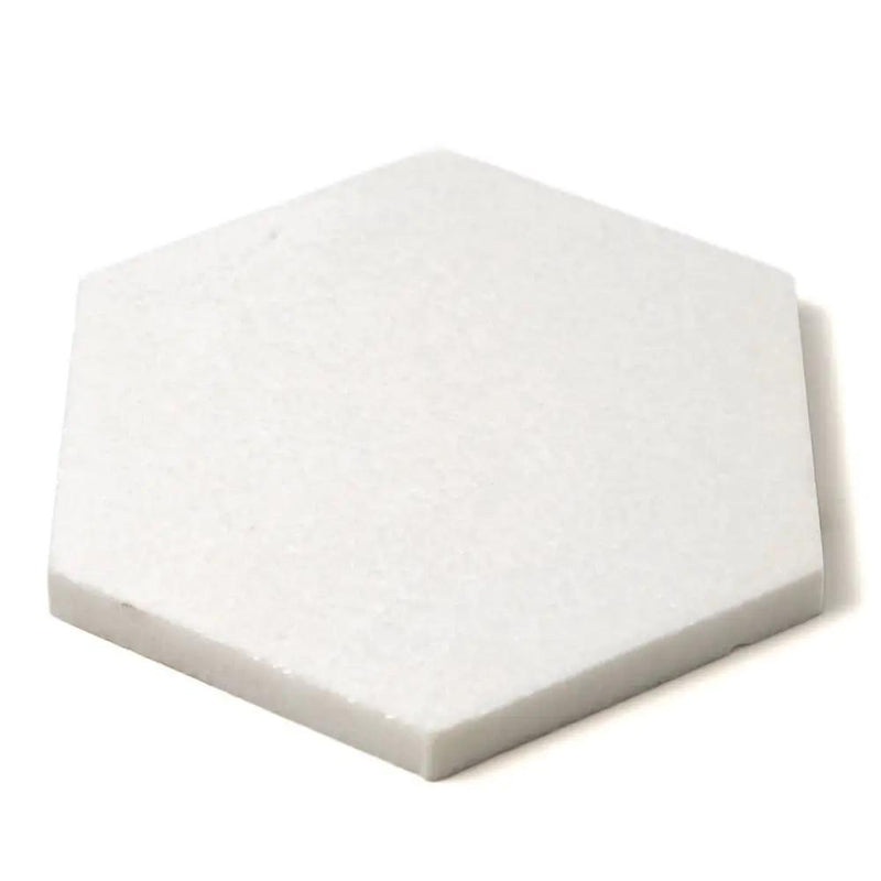 Thassos Polished Hexagon Marble Waterjet Decos 5 25/32x5 closeup 1