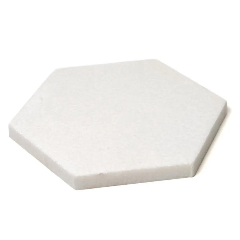 Thassos Polished Hexagon Marble Waterjet Decos 5 25/32x5 closeup 2