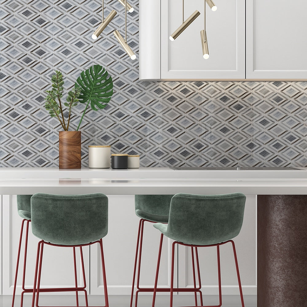 Thassos, Silver Sky Polished Stella Marble Mosaics 9 25/64x7 3/4 Marble Polished 6x12 Mosaics — 3