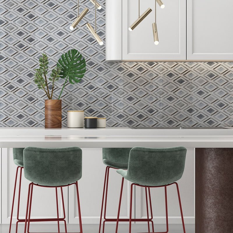 Thassos, Silver Sky Polished Stella Marble Mosaics 9 25/64x7 3/4 Marble Polished 6x12 Mosaics — 3