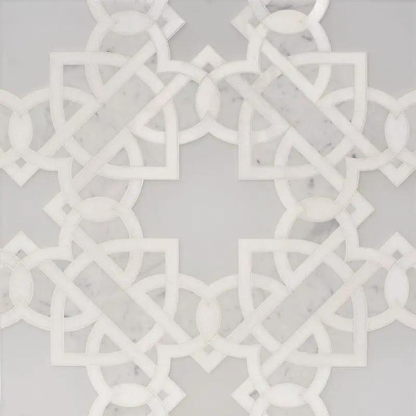 Thassos White, Pura Glass, White Carrara Multi Finish Isabella Marble Mosaics 11 9/32x11 9/32