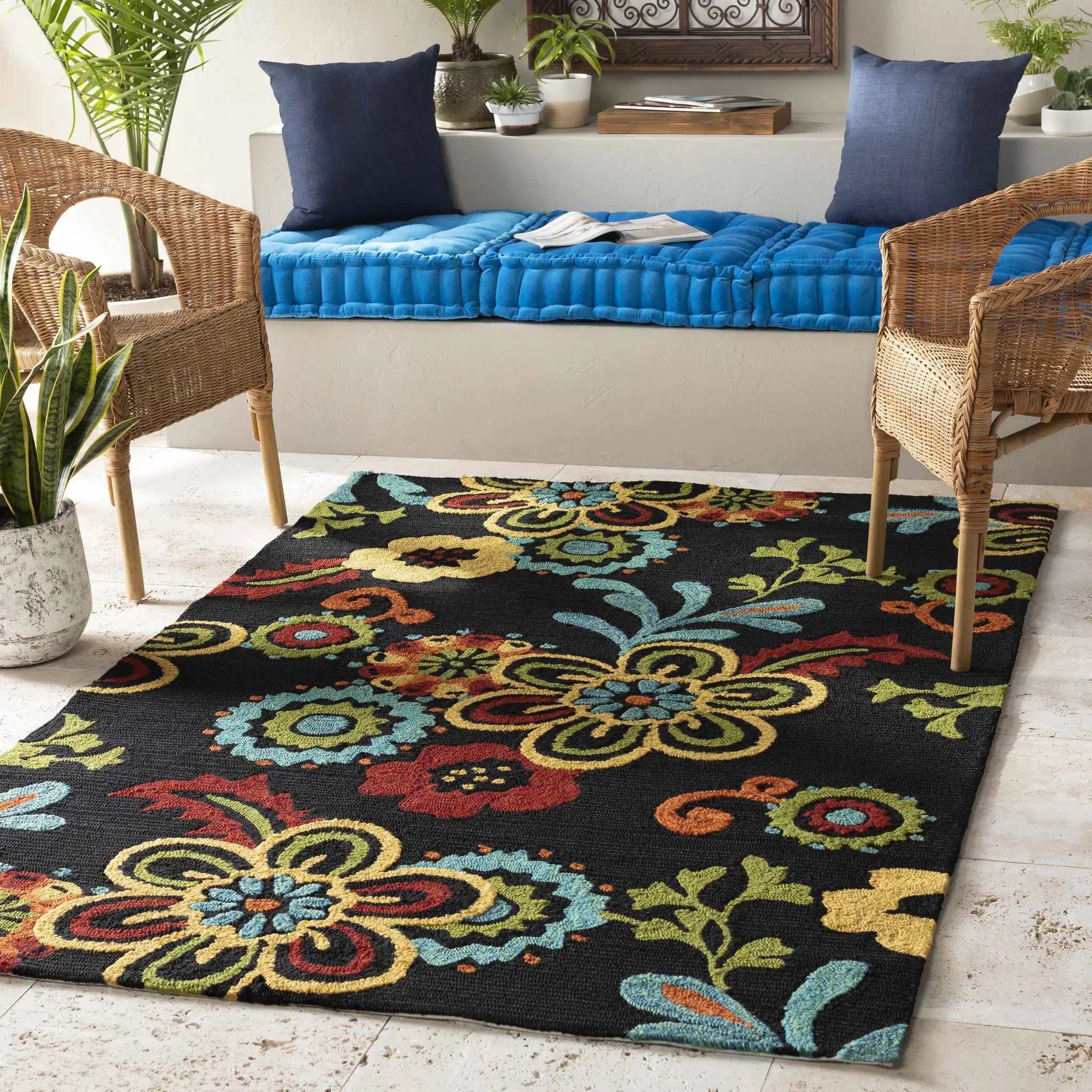 Thaxton Colorful Flowers on Black Outdoor Area Rug - Clearance by Boutique Rugs