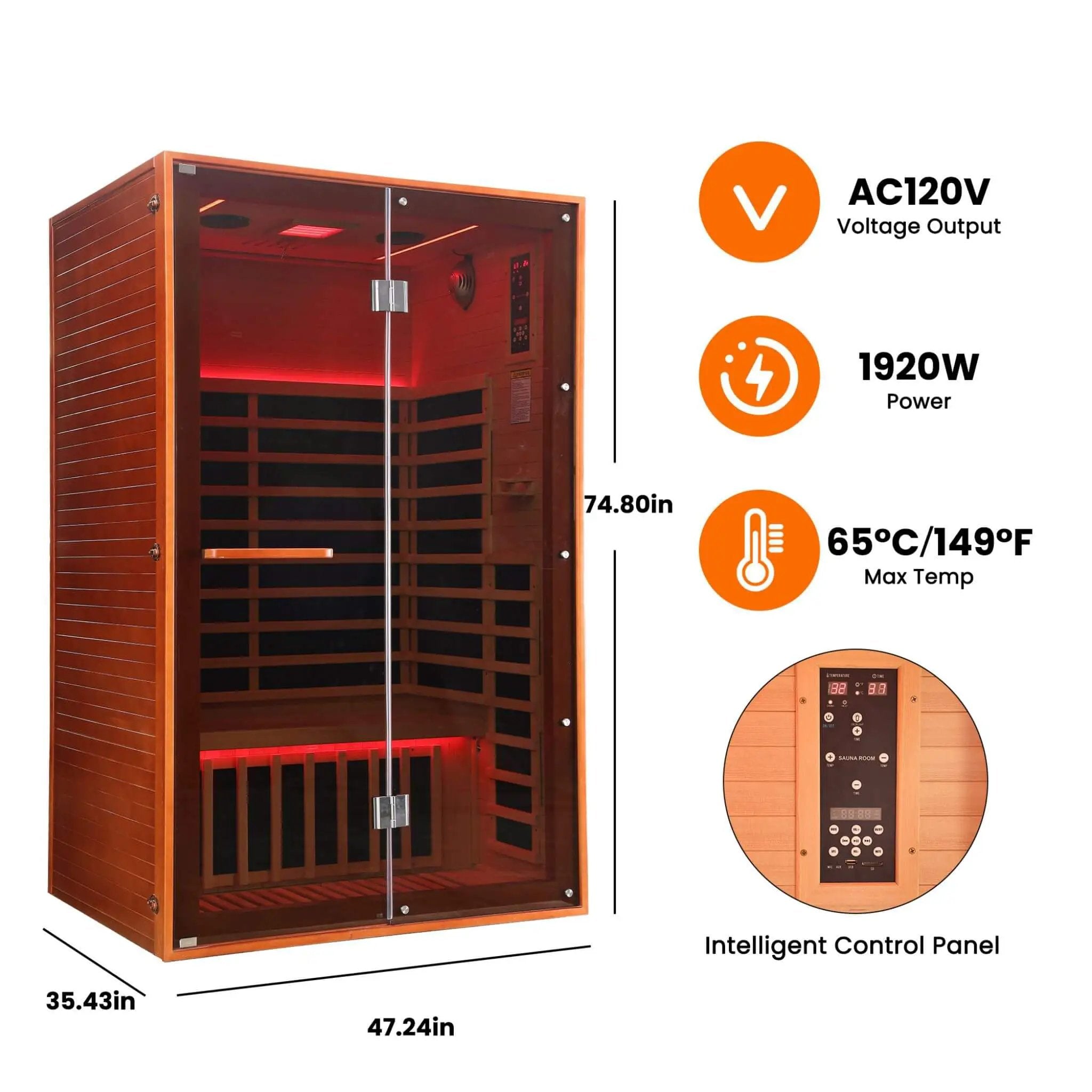 Thermora Fontaine 2-Person Luxury Canadian Hemlock Infrared Sauna With Glass Front (SAK97216) by SAKSBY WHOLESALE