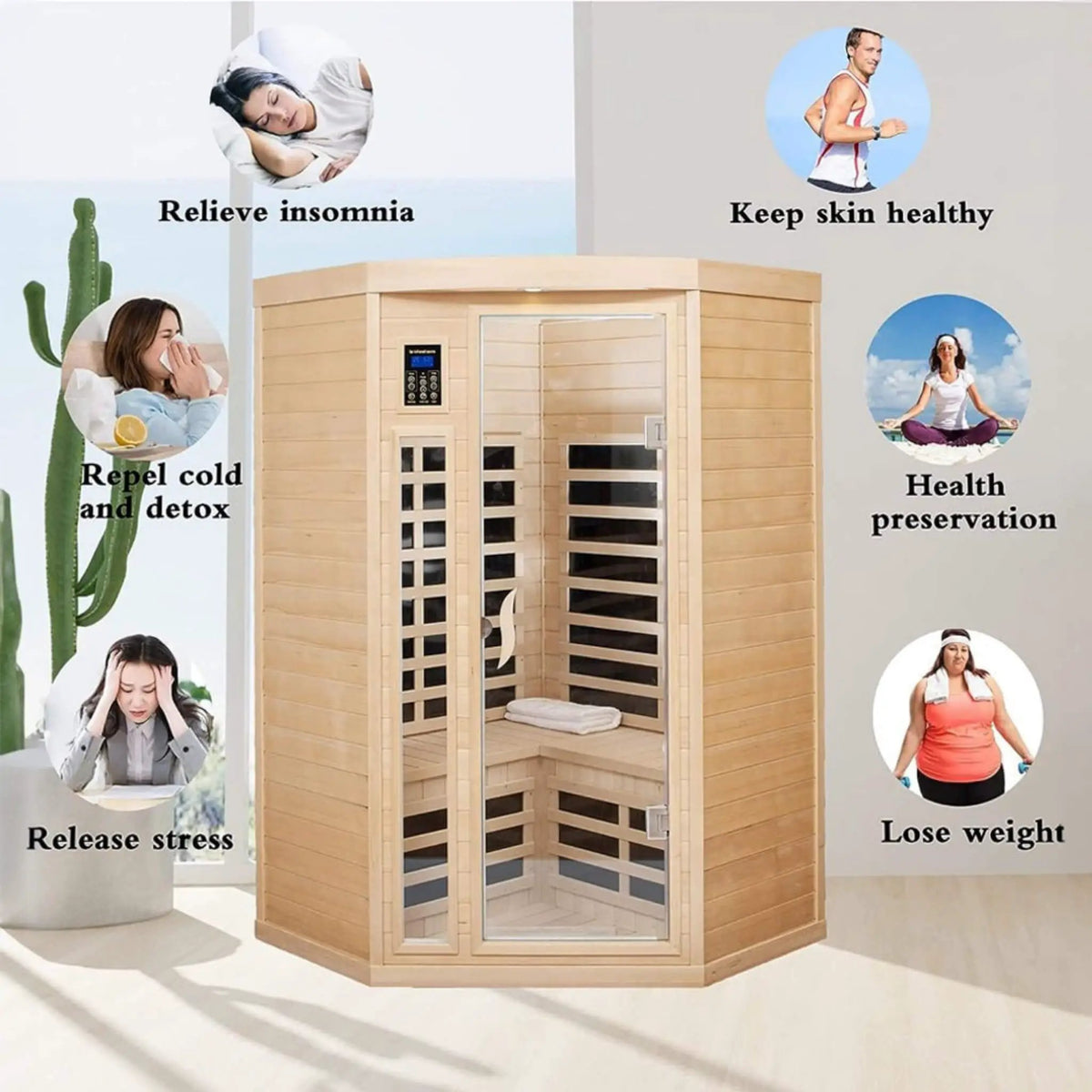 Thermora Laurent Premium 2-Person 1600W Corner Space Infrared Wooden Sauna Room With Bluetooth Speakers (SAK81524) by SAKSBY WHOLESALE