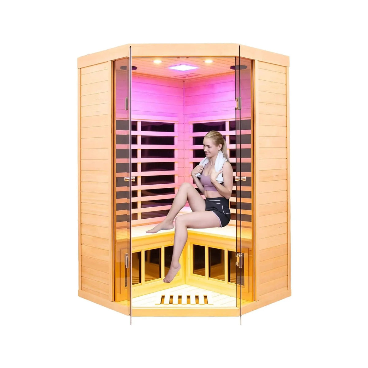 Thermora Laurent Premium 2-Person 1600W Corner Space Infrared Wooden Sauna Room With Bluetooth Speakers (SAK81524) by SAKSBY WHOLESALE