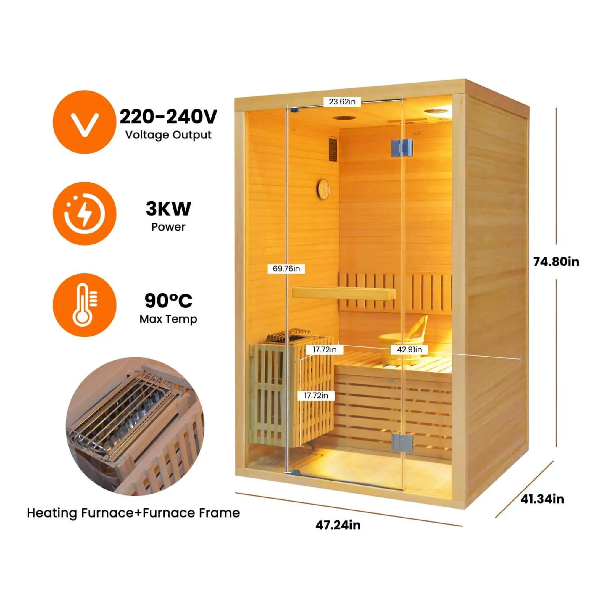 Thermora Alpine Premium 2-Person 3KW Hemlock Wood Sauna With LED Wall Light (SAK28471) by SAKSBY WHOLESALE