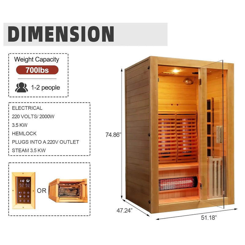 Rövia Luma 2-Person Indoor Hybrid Sauna Room With Infrared And 3.5KW Steam Heater [Made-To-Order] (SAK83750) by SAKSBY WHOLESALE