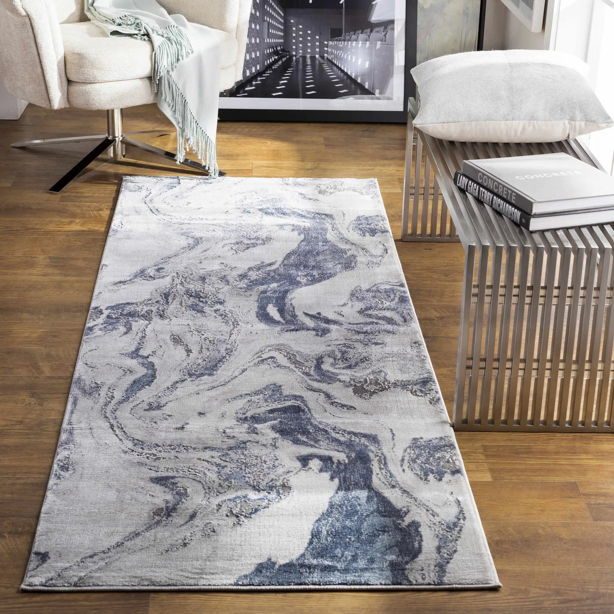 Moana Denim Blue Marble Area Rug, installed in a room 2