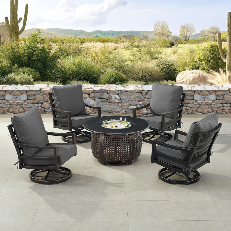 Black Aluminum Fire Table Set with Four Club Chairs by Sharicks