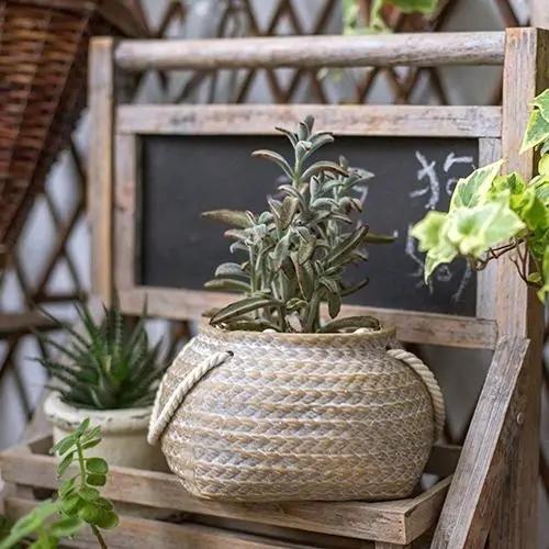 Tiny Ceramic Planter Hemp Bag Design with Rope Handles by RusticReach