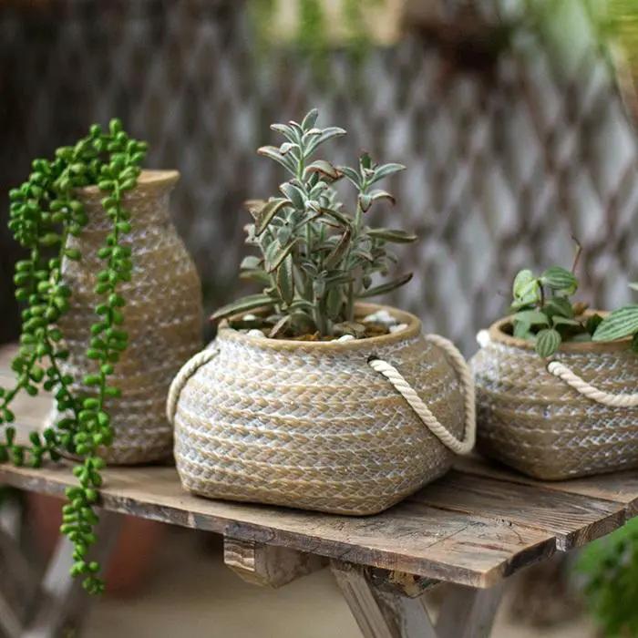 Tiny Ceramic Planter Hemp Bag Design with Rope Handles by RusticReach