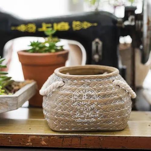 Tiny Ceramic Planter Hemp Bag Design with Rope Handles by RusticReach