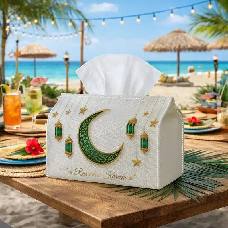 Tissue Box - Green Crescent Moon Polyester Small by House Of Avana