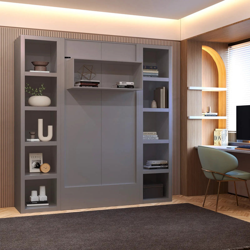 Easy-Lift Twin Murphy Wall Bed in Grey with Two Bookshelves by Sharicks