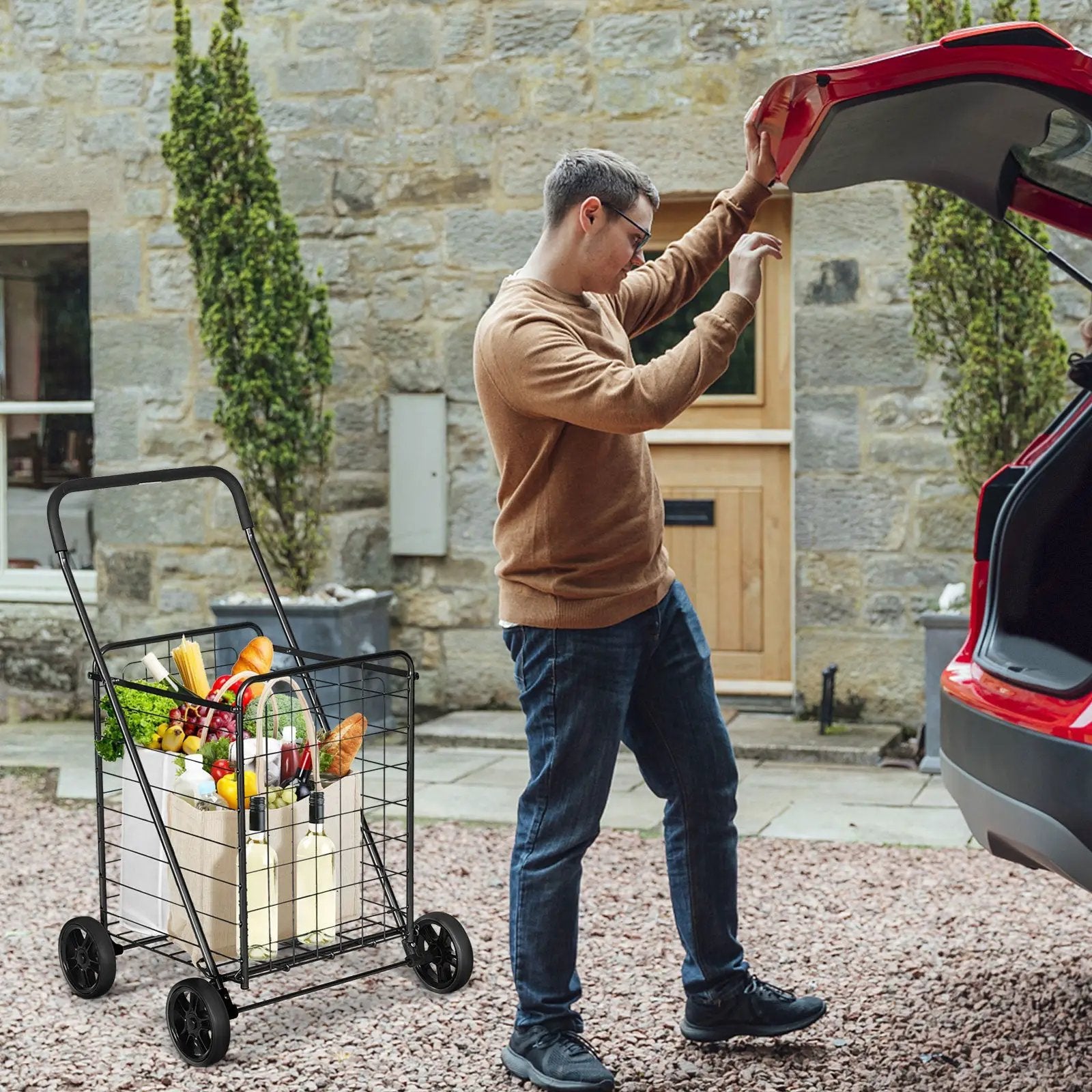 Portable Folding Shopping Cart Utility for Grocery Laundry-Black by DirectDeals