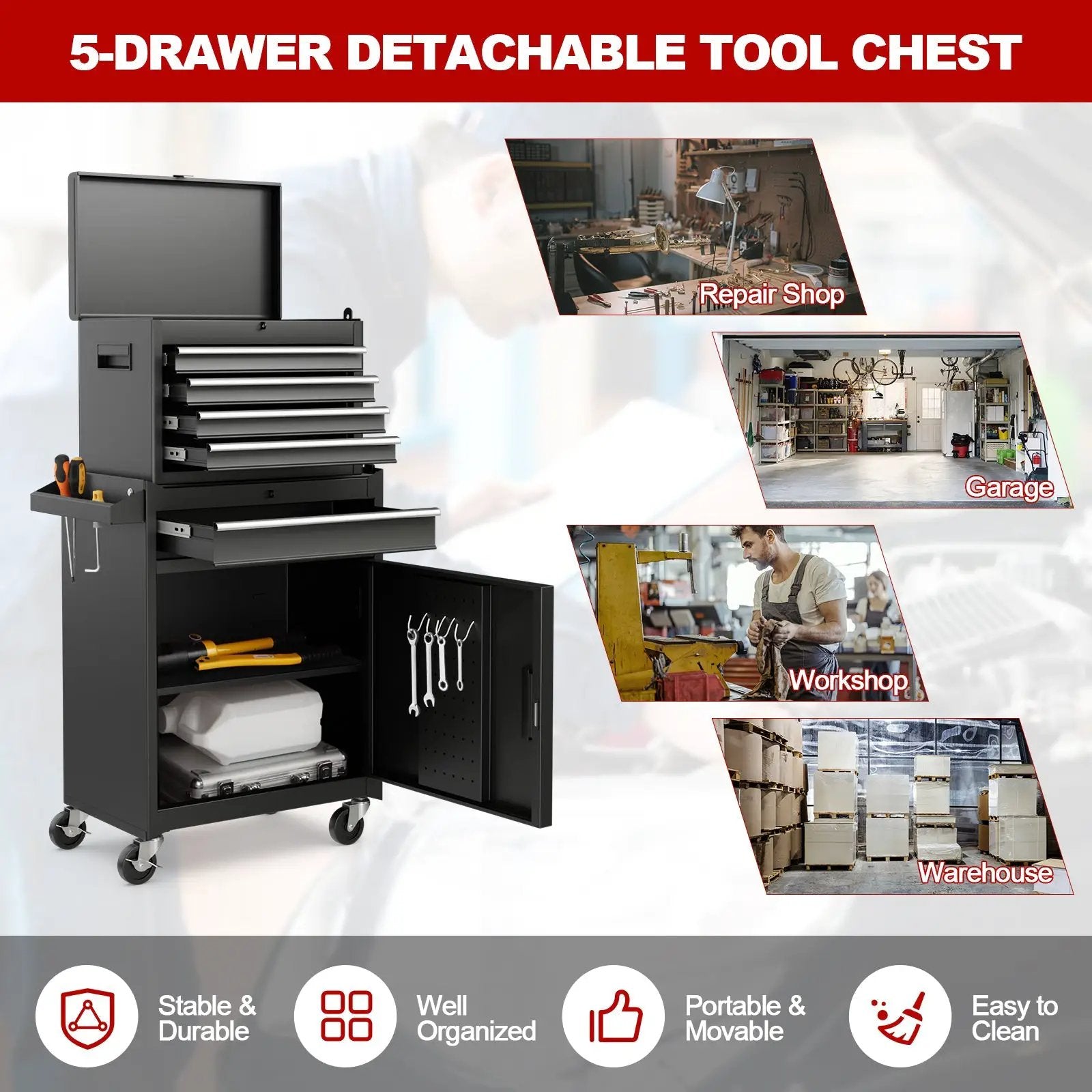 2-in-1 Tool Chest and Cabinet with 5 Sliding Drawers-Black by DirectDeals
