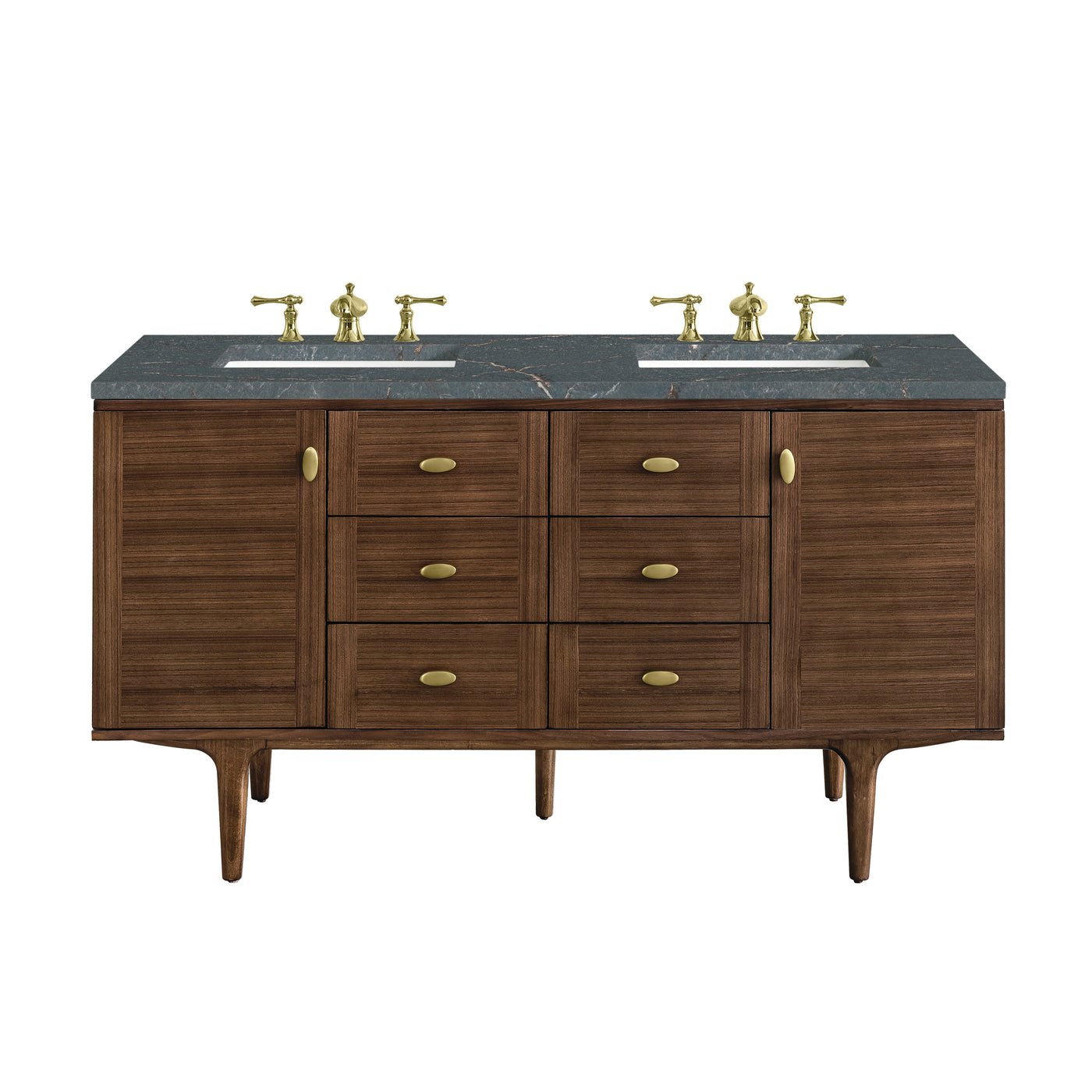 James Martin Amberly 60" Dual Mount Double Bathroom Vanity, Mid-Century Walnut with Parisien Bleu (FreePower) countertop