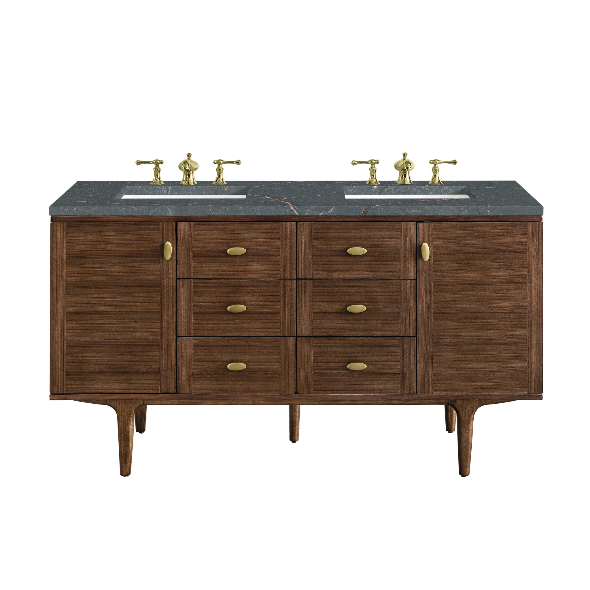 James Martin Amberly 60" Dual Mount Double Bathroom Vanity, Mid-Century Walnut with Parisien Bleu (FreePower) countertop