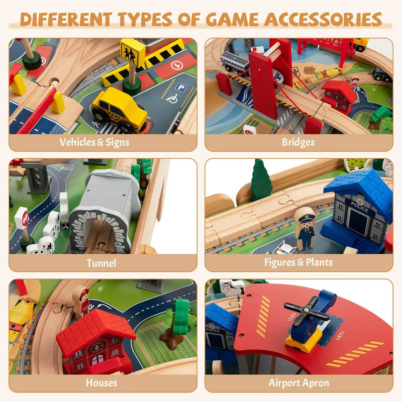 Kids Double-Sided Wooden Train Table Playset with Storage Drawer by DirectDeals