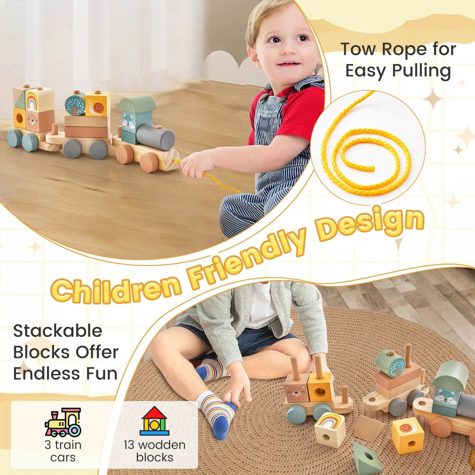 Wooden Toy Train Set with Stacking Wooden Blocks and Cute Animal Patterns by DirectDeals