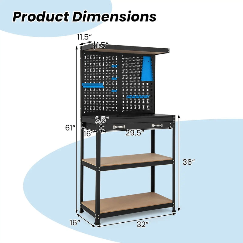 Tool Storage Workbench with Pegboard with 14 Hanging Accessories for Garage by DirectDeals