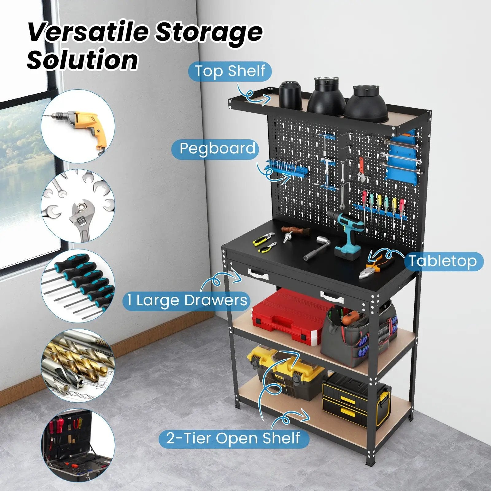 Tool Storage Workbench with Pegboard with 14 Hanging Accessories for Garage by DirectDeals