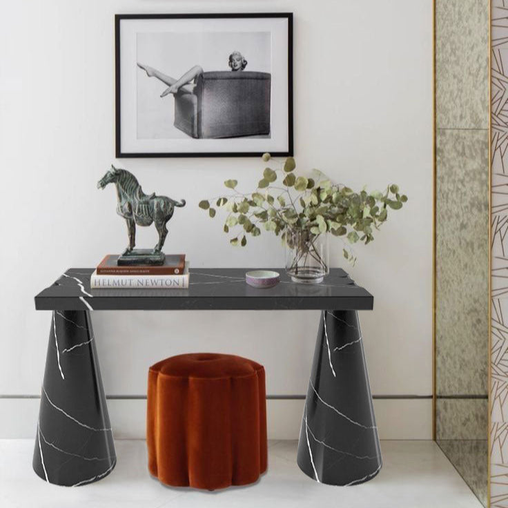 Toros Black Marble Designer Cone Shape Legs Console Polished (W)15" (L)40" (H)32" decorative items on two marilyn Monroe photo on the wall