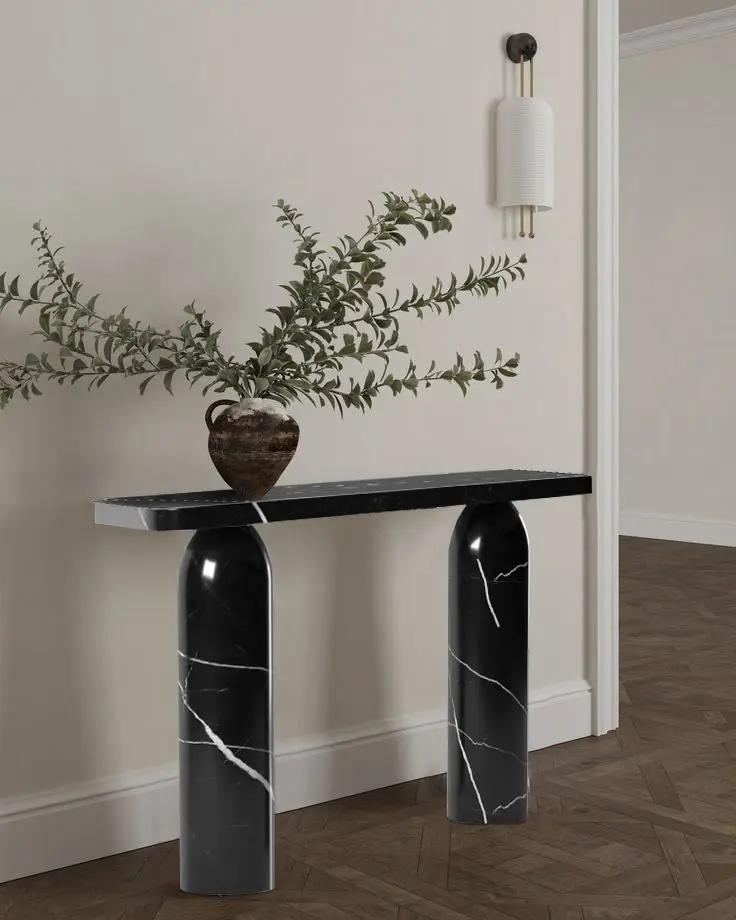Black Turkish Marble Console Table - Polished Designer Round Legs by GobekDesign