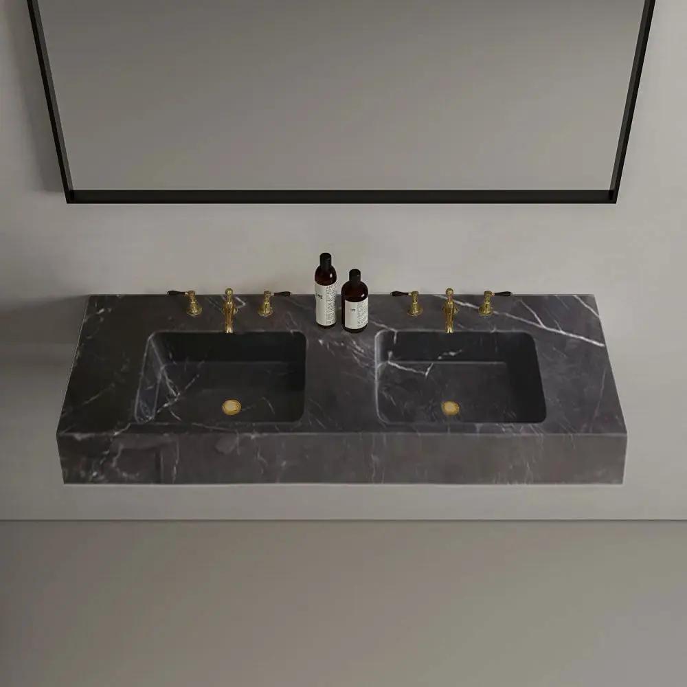 Black Marble Double Sink Wall-Mount Bathroom Vanity - Polished by GobekDesign