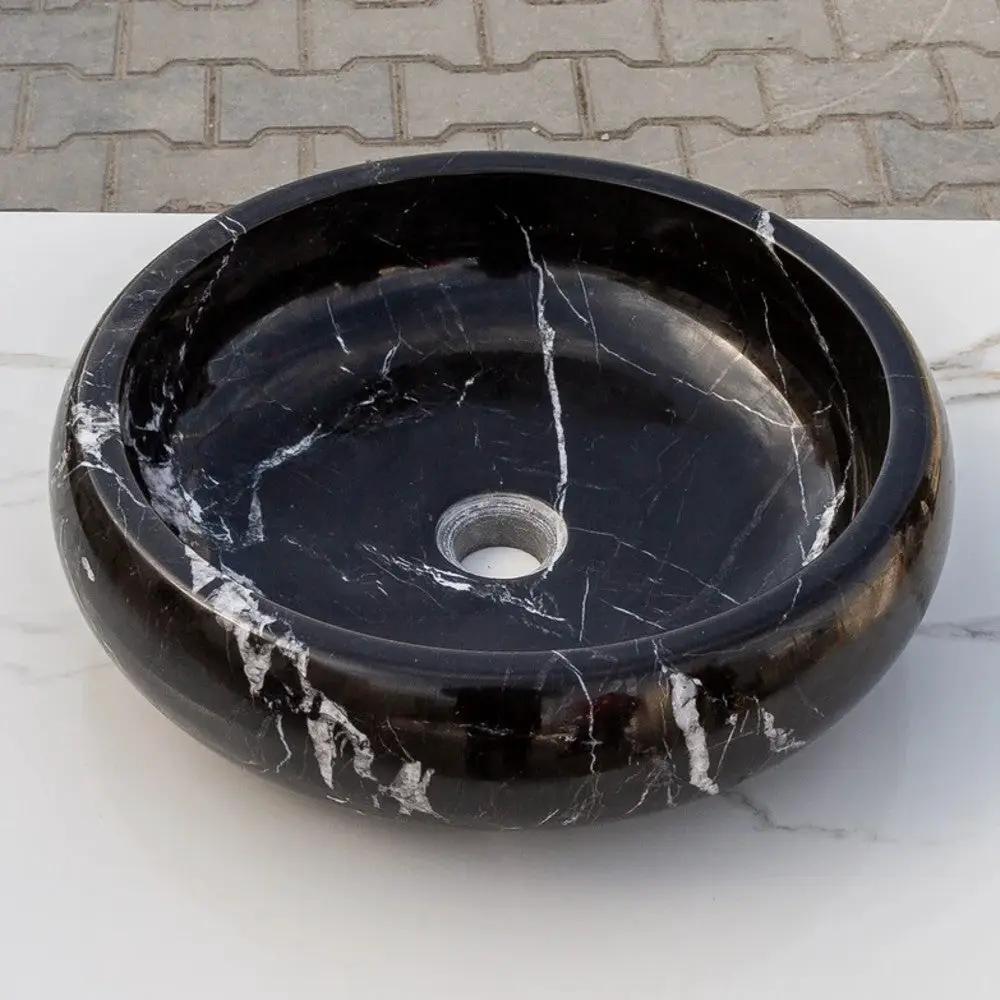 Toros Turkish Black Marble Polished Round Vessel Sink Bowl 16x5 by GobekDesign