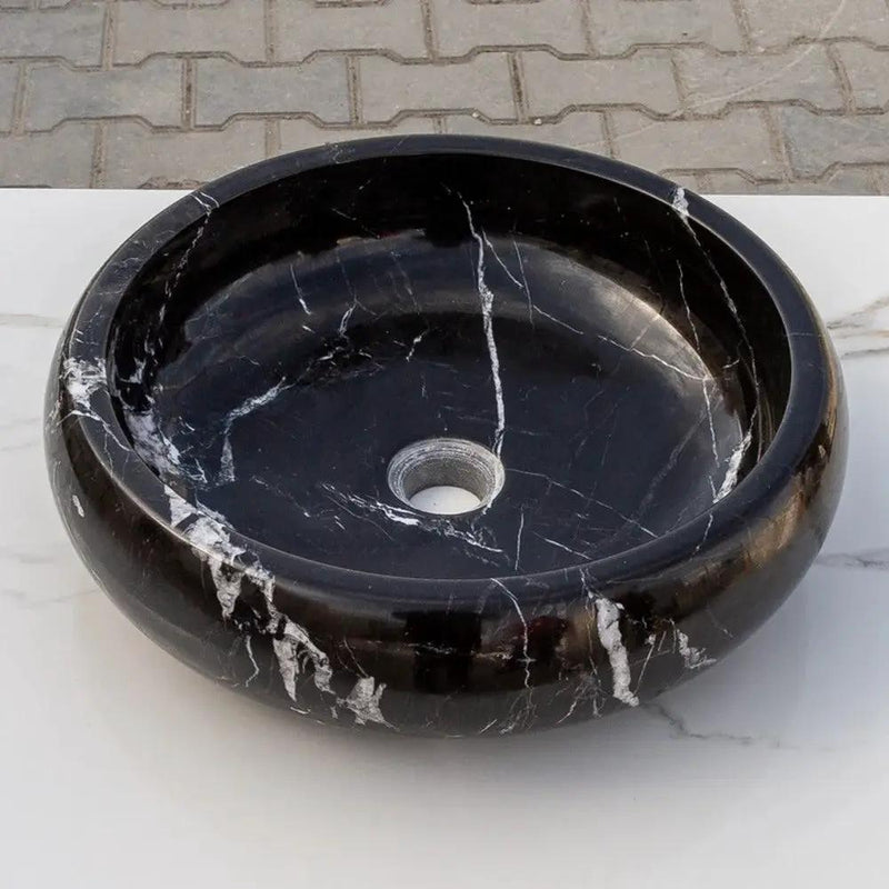 Toros Turkish Black Marble Polished Round Vessel Sink Bowl 16x5 by GobekDesign