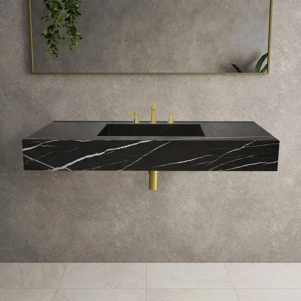 Black Marble Honed Rectangular Wall-Mount Bathroom Sink 20x48 by GobekDesign