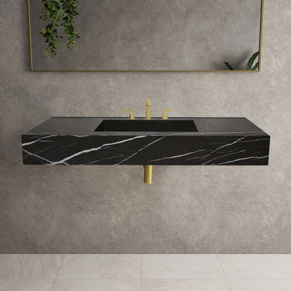 Black Marble Honed Rectangular Wall-Mount Bathroom Sink 20x48