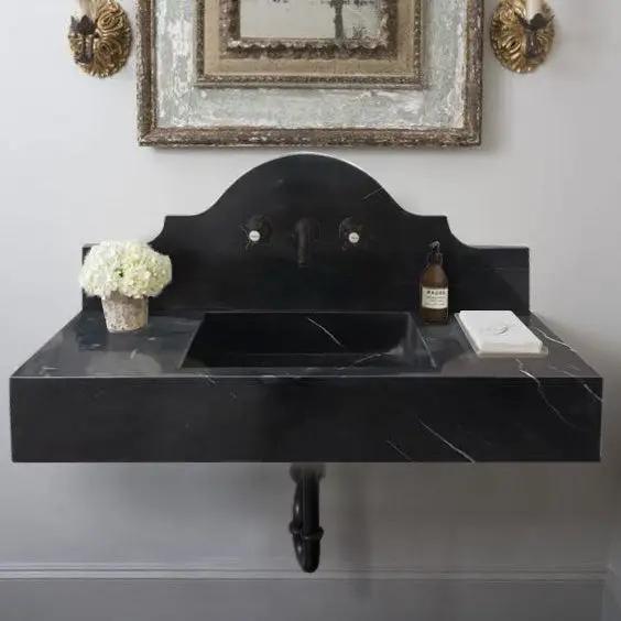 Black Marble Wall Mount Bathroom Sink with Polished Backsplash 15 x 33 x 6 Inches by GobekDesign