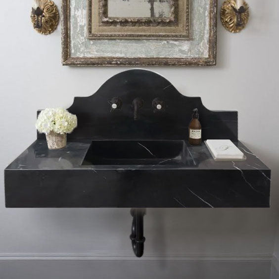 Toros Black Marble Wall-mount Bathroom Sink with Backsplash Polished (W)15" (L)33" (H)6" by GobekDesign