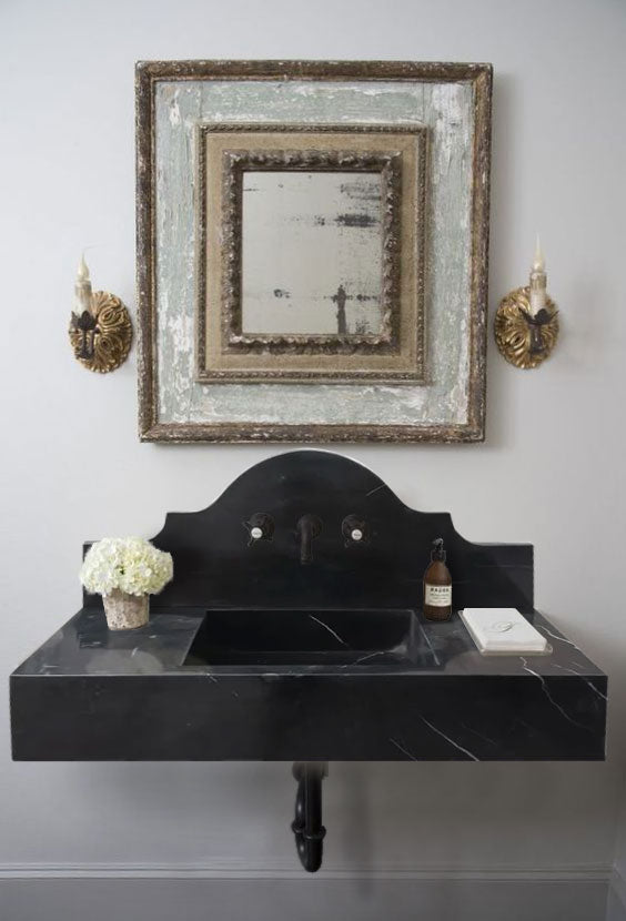 Toros Black Marble Wall-mount Bathroom Sink with Backsplash Polished (W)15" (L)33" (H)6" by GobekDesign