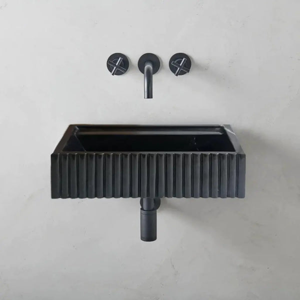 Turkish Black Marble Wall Mount Bathroom Vanity 16x24 Fluted