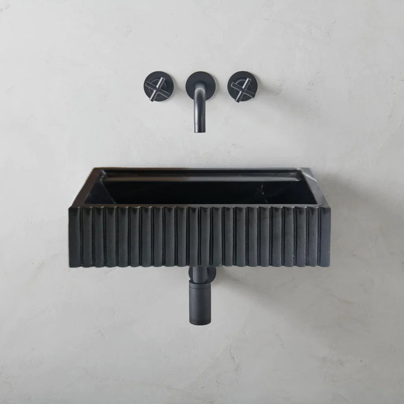 Toros Black Marble Wall-Mount Bathroom Vanity Sink Fluted (W)16" (L)24" (H)7" by GobekDesign