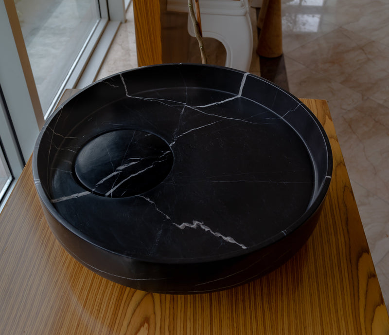 Toros Black Natural Stone Marble Artistic Vessel Sink Polished (D)17.5" (H)6" by GobekDesign