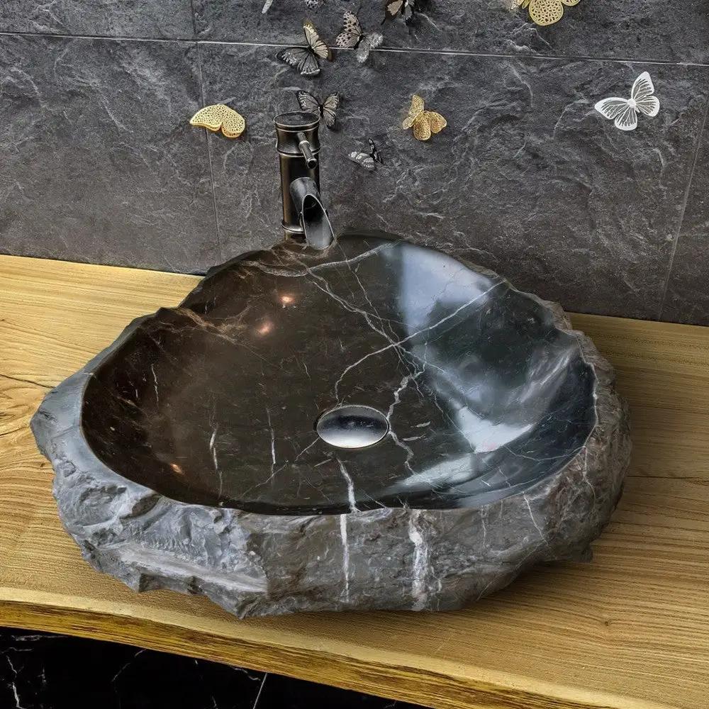 Black Marble Natural Stone Handcrafted Vessel Sink 31 x 23 x 6 Inches Modern Contemporary by GobekDesign