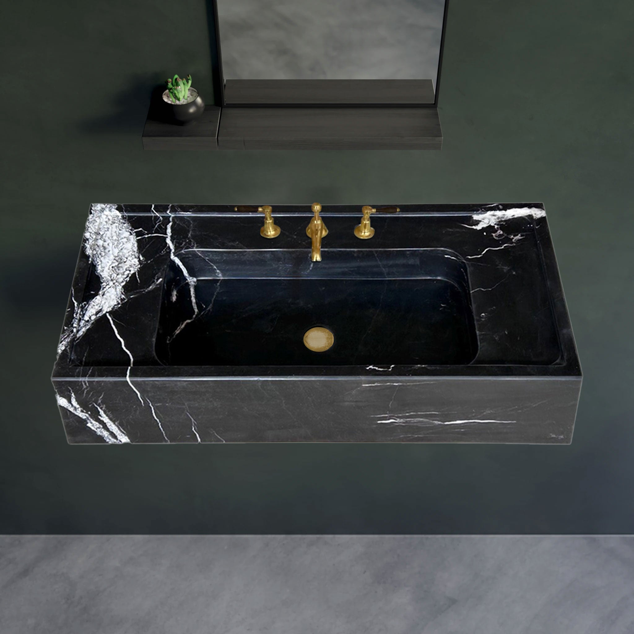 Toros Black Marble Rectangular Wall-mount Bathroom Sink (W)16" (L)36" (H)10" by GobekDesign
