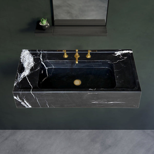 Black Marble Premium Handcrafted Rectangular Wall Mount Bathroom Sink 36x16 inch