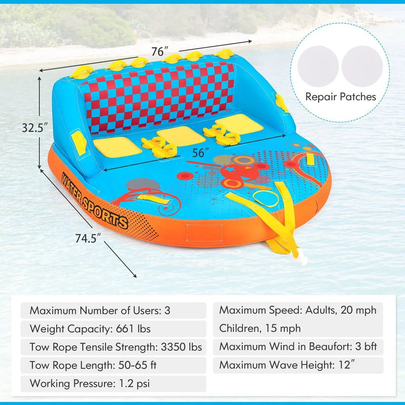 Towable Tube for Boating 3 Riders Water Sport Towables Sofa Pull Tube with Nylon Cover by DirectDeals