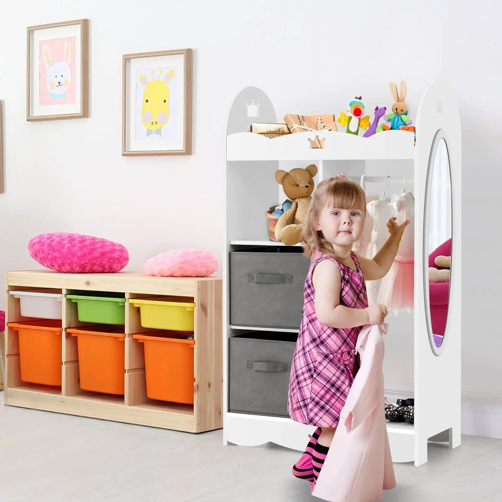 Kids Dress up Storage Costume Closet with Mirror and Toy Bins-White by DirectDeals