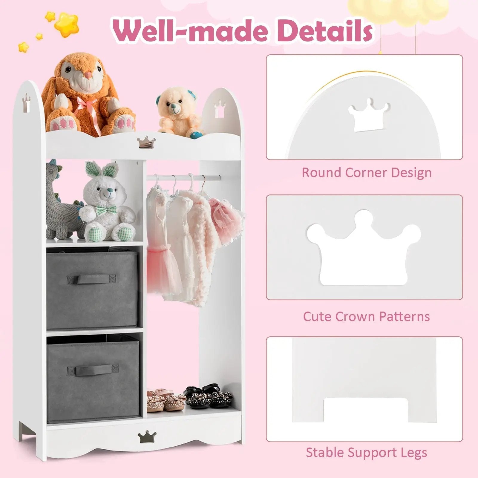 Kids Dress up Storage Costume Closet with Mirror and Toy Bins-White by DirectDeals