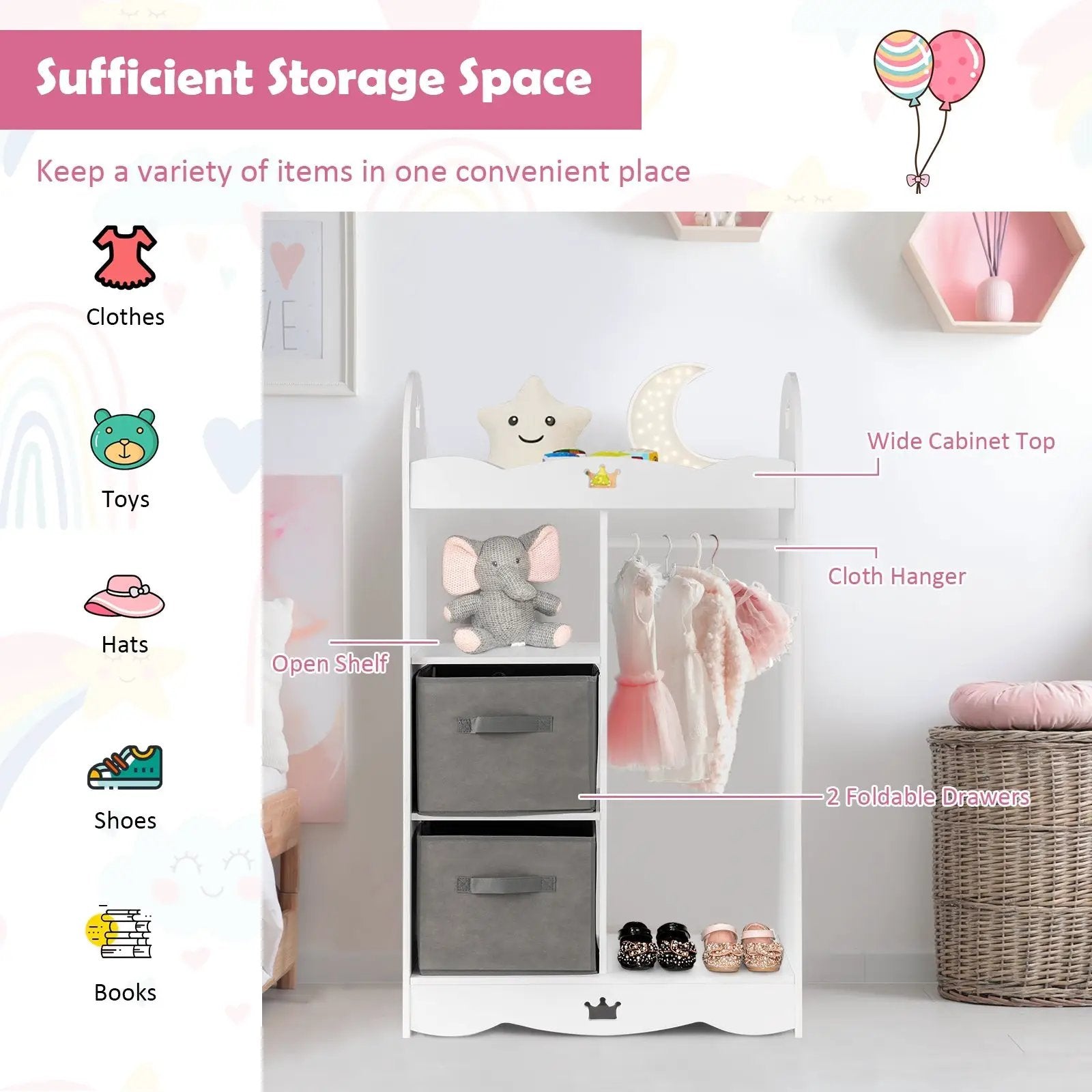 Kids Dress up Storage Costume Closet with Mirror and Toy Bins-White by DirectDeals